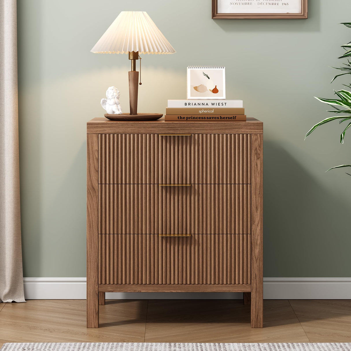 LSKTGA 6 Drawer Dresser for Bedroom, Large Fluted Dresser with Wide Drawers and Golden Handles, Storage Organizer Dresser, Modern Wooden Dresser Chest for Bedroom Living Room, Walnut LSKTGA