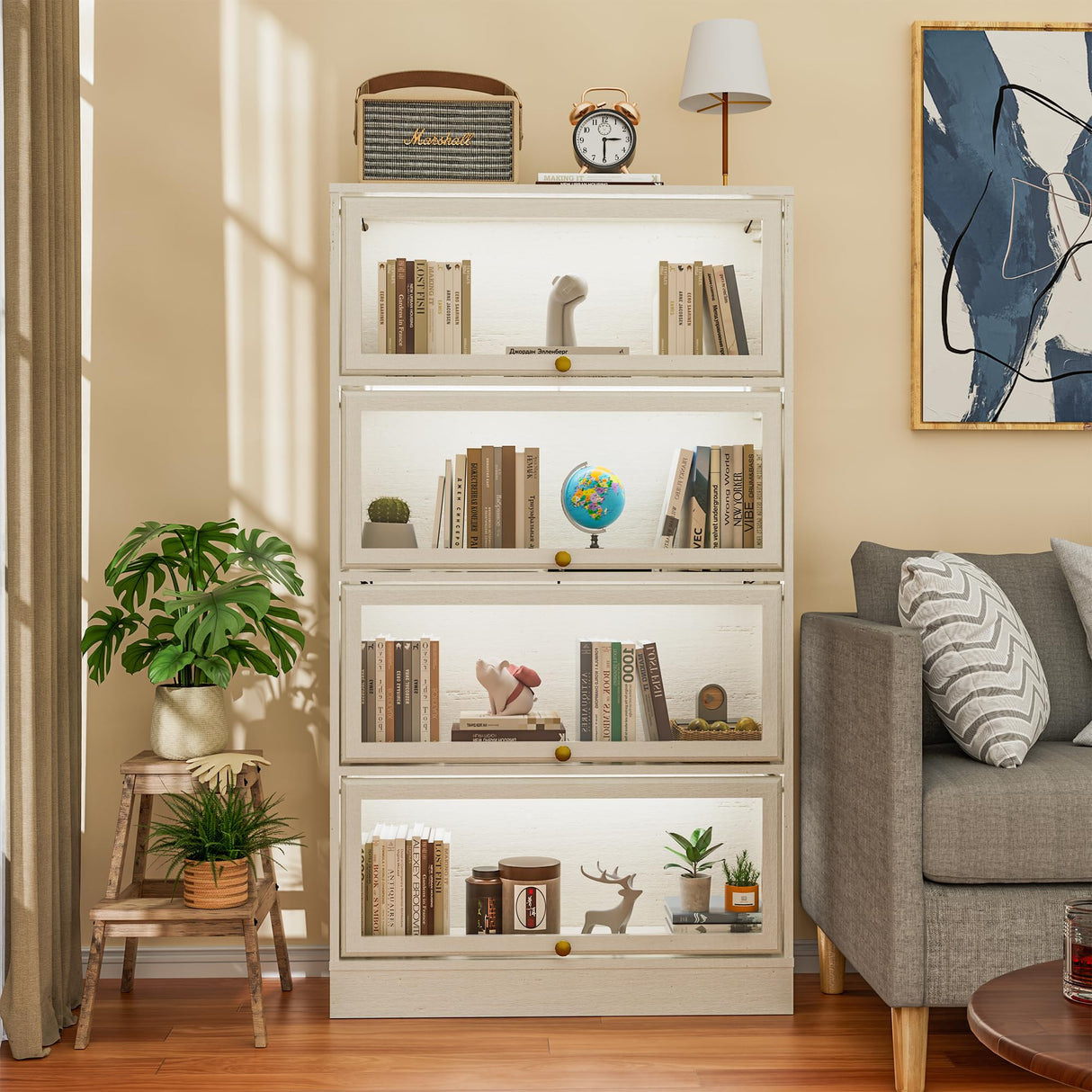 Boniture Display Cabinet with Acrylic Glass Doors,4-Tiers Curio Cabinet with LED Lighting for Collectibles, Collectibles Toy Organizers Rack & Display Shelf Display Case Storage Cabinet, Antique White BONITURE