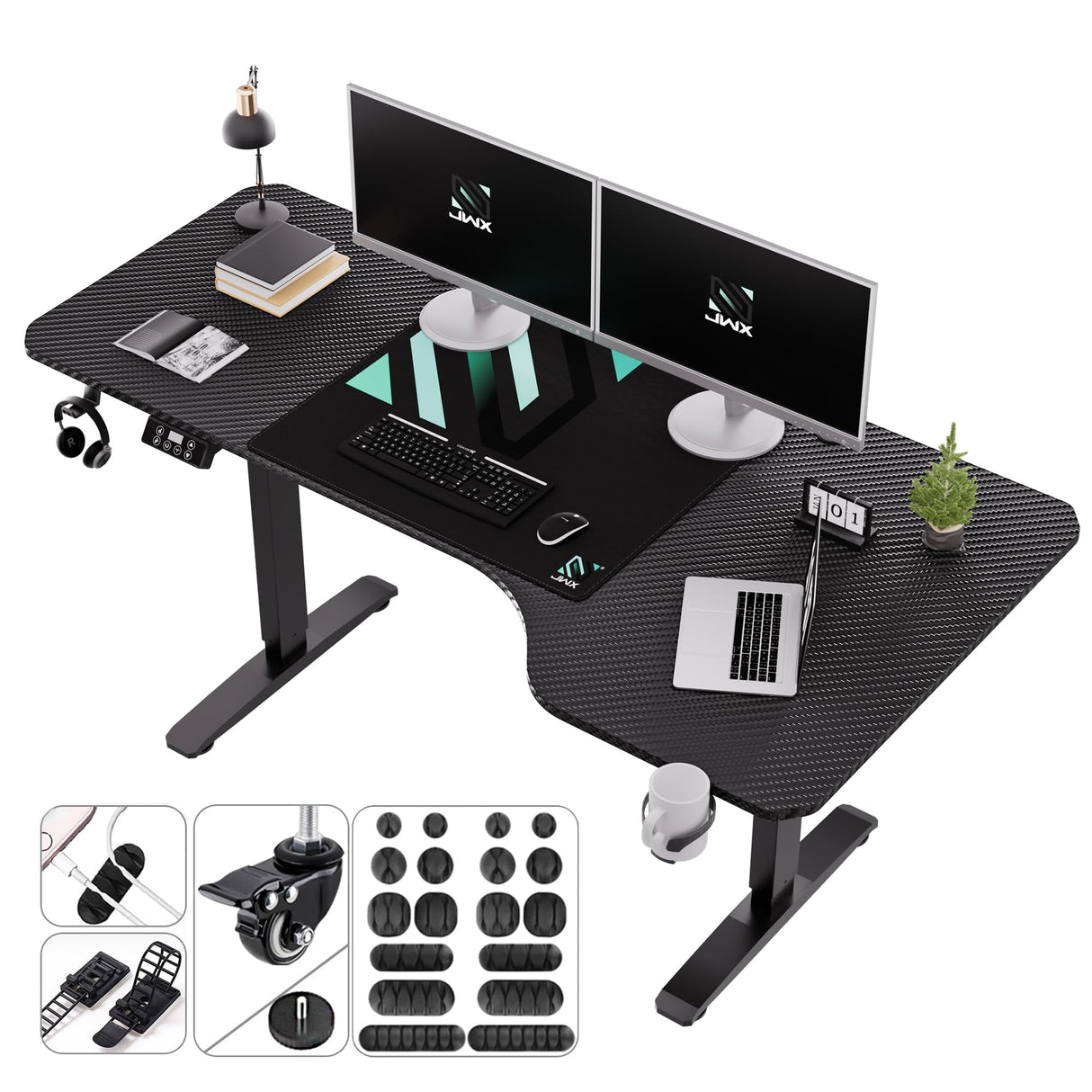 JWX Standing Adjustable Desk, 63 inches L Shaped Electric Standing Gaming Desk with Locking Wheels, Cup Holder, Headphone Hook, Cable Manager, Mouse pad, Carbon Fiber Textured Pane JWX