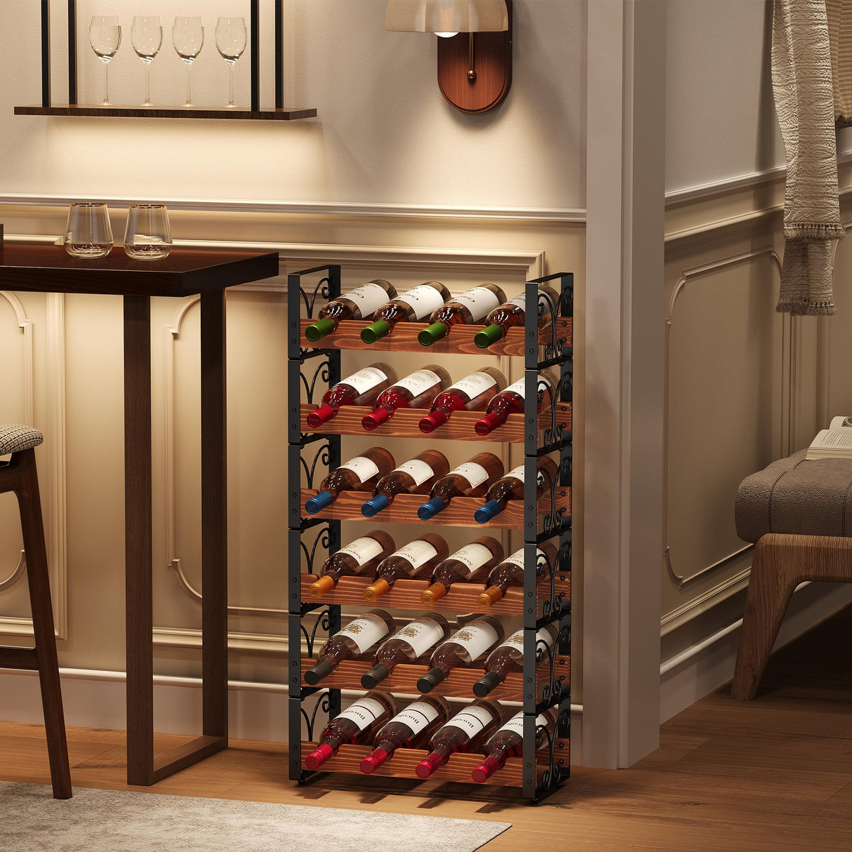 Stackable Wine Rack for 16 Bottles, 4 Tier Wine Storage Cabinet Shelf, Freestanding Wine Organizer with Patent Design, Wooden & Iron Bottles Holder for Kitchen Counter or Bar, Wine Display Shelf X-cosrack
