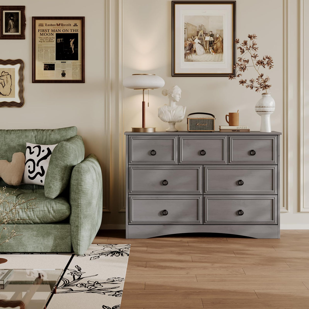 Modern 7 Drawer Dresser Gray Dressers for Bedroom, Wood Dresser with Drawers for Clothes Storage, 47" Long Dresser with Textured Borders Deep Drawer, Chest of Drawers Closet Organizers for Bedroom HolliWill