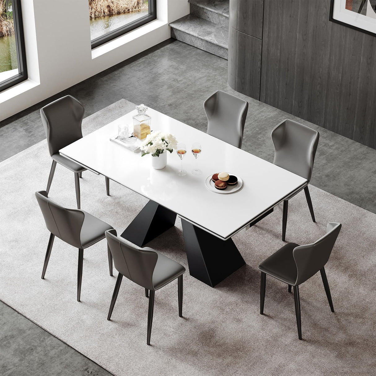 Extendable Dining Table for 8-12 Seat,Tabletop Made of Sintered Stone and Tempered Glass, Modern Style, 35.4" D x 94.5" W x 30" H, White Top TimesGate