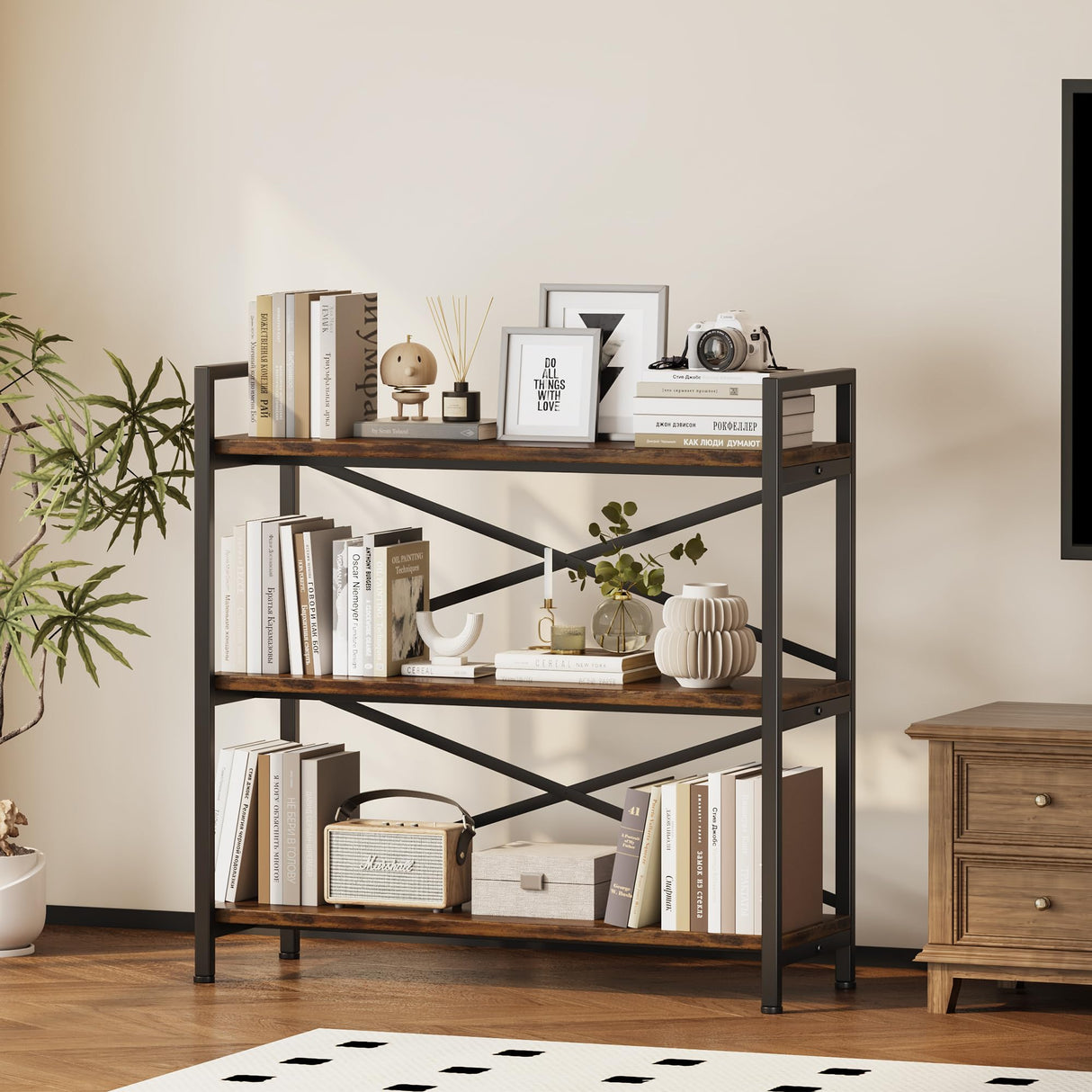 Homeiju 3 Tier Bookshelf 31.49" Width, Wood and Metal Etagere Bookcase, Vintage Farmhouse Modern Wooden Big Book Shelf for Home Living Room Bedroom Office Storage(Rustic Brown) Homeiju