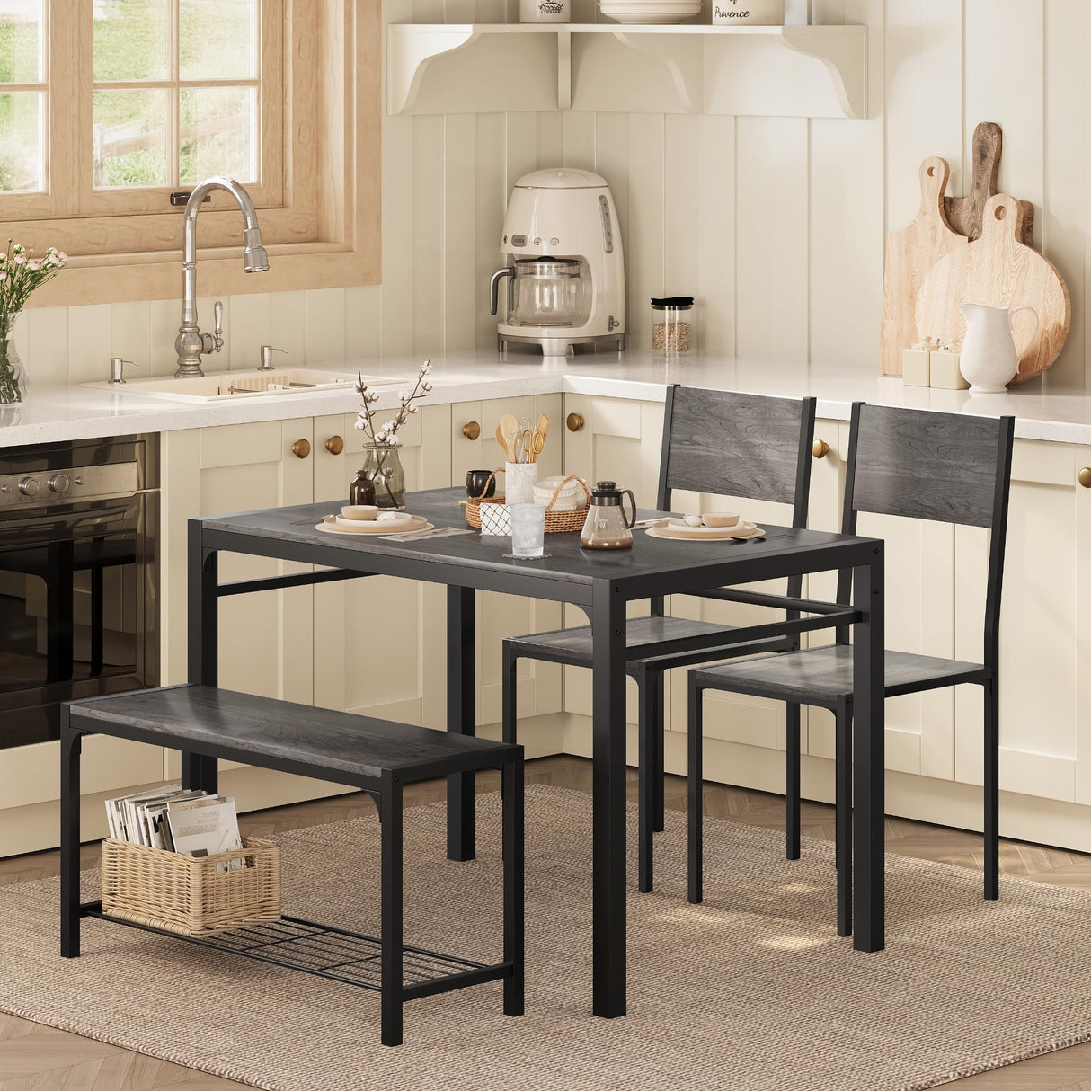Shahoo Kitchen Table and 2 Chairs for 4 with Bench, 4 Piece Dining Sets for Small Space, Dark Grey Shahoo