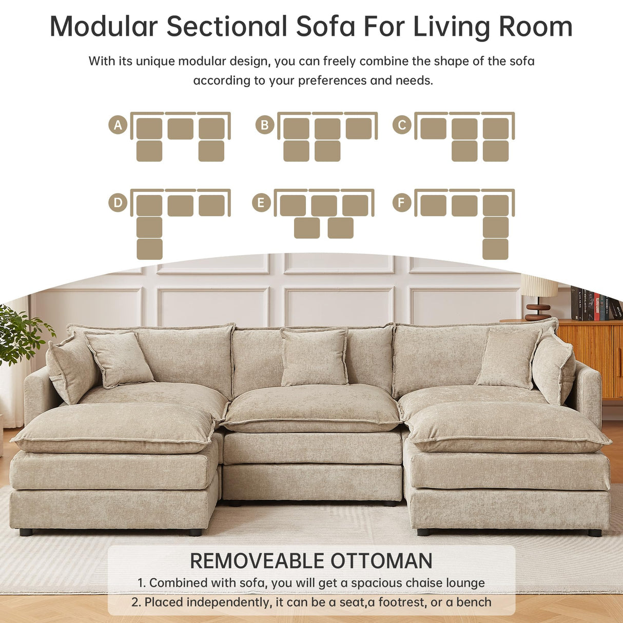 saows Modular Sectional Sofa, 112.2 Inch U Shaped Couch Set with Armrests, 3-Seater Comfy Cloud Couches with Movable Ottoman for Living Room Apartment, Coffee saows