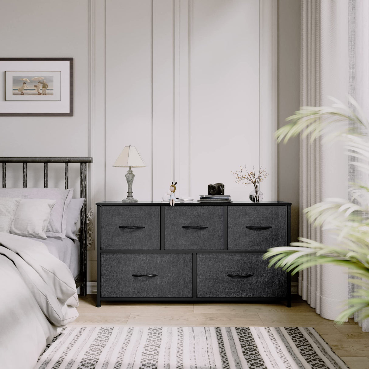 YITAHOME Wide Storage Tower with 5 Drawers - Fabric Dresser, Organizer Unit for Bedroom, Living Room, Closets - Sturdy Steel Frame, Easy Pull Fabric Bins & Wooden Top (Black/Grey) YITAHOME