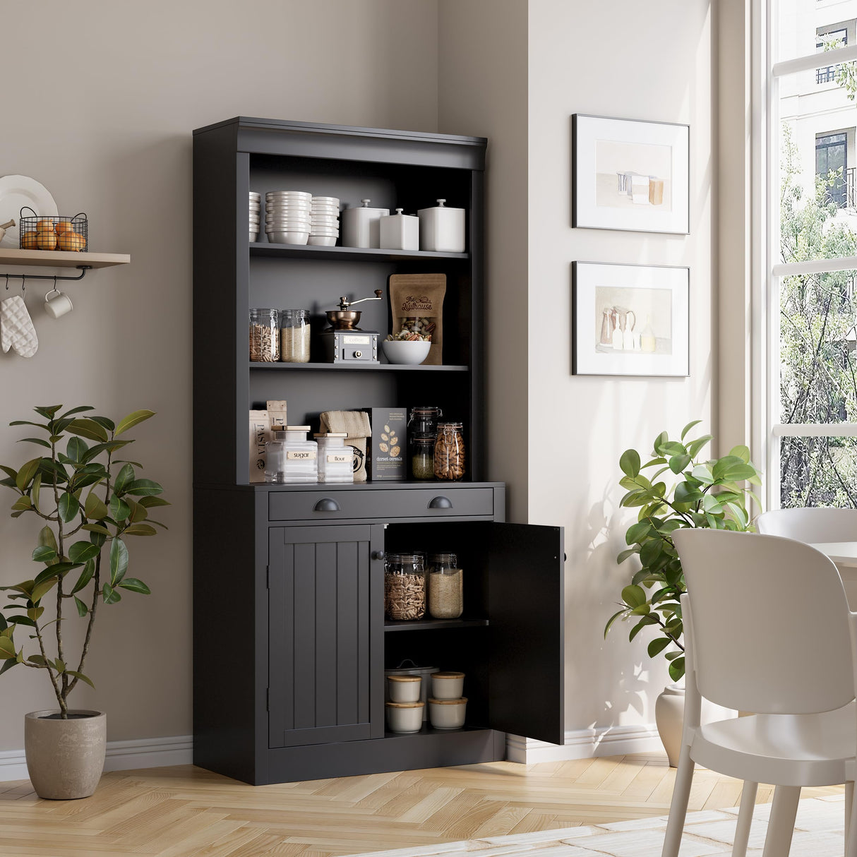 GarveeHome Tall Black Bookshelf with 2 Doors and 1 Drawer, 70 in Bookcase, Pantry Sideboard with Adjustable Shelf, Wooden Storage Cabinet for Living Room, Office GarveeHome