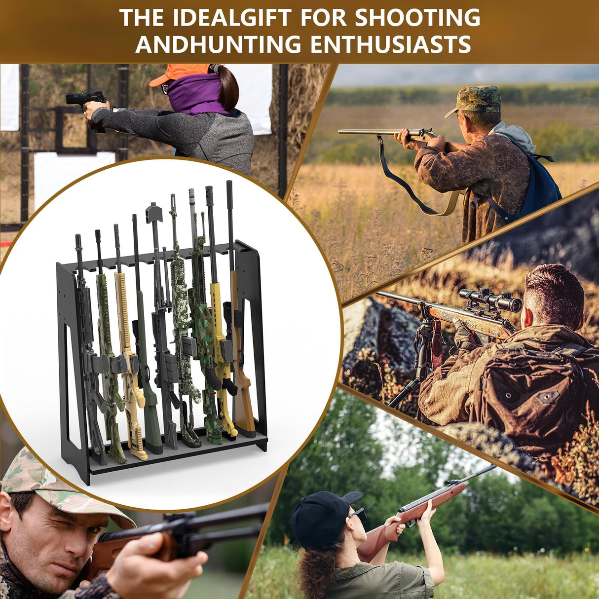 Semohop Gun Racks, Floor Gun Rack Indoor, Wooden Free Standing Rifle Racks, Vertical Shotgun Display Stand for Home or Garage Safe Hunting Gun Storage - Holds up to 9 Long Guns, Gifts for Dad Semohop