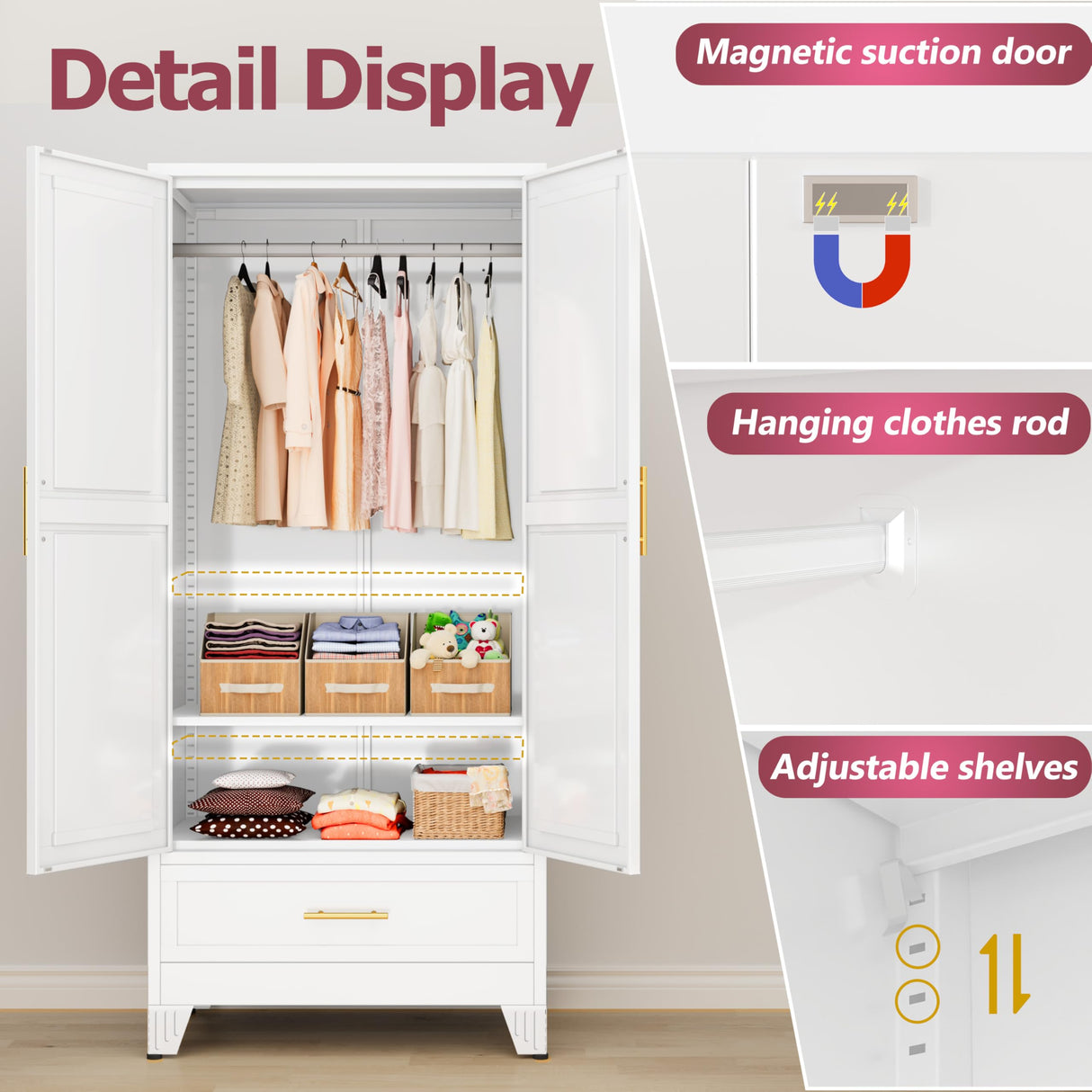 GAIOUS Steel Armoire Wardrobe Closet with 2 Doors, 71" Household Wardrobe Cabinet with Hanging Rod and Drawers, Metal Clothing Storage Cabinet with Adjustable Shelf for Bedroom, Cloak Room, Gym(White) GAIOUS