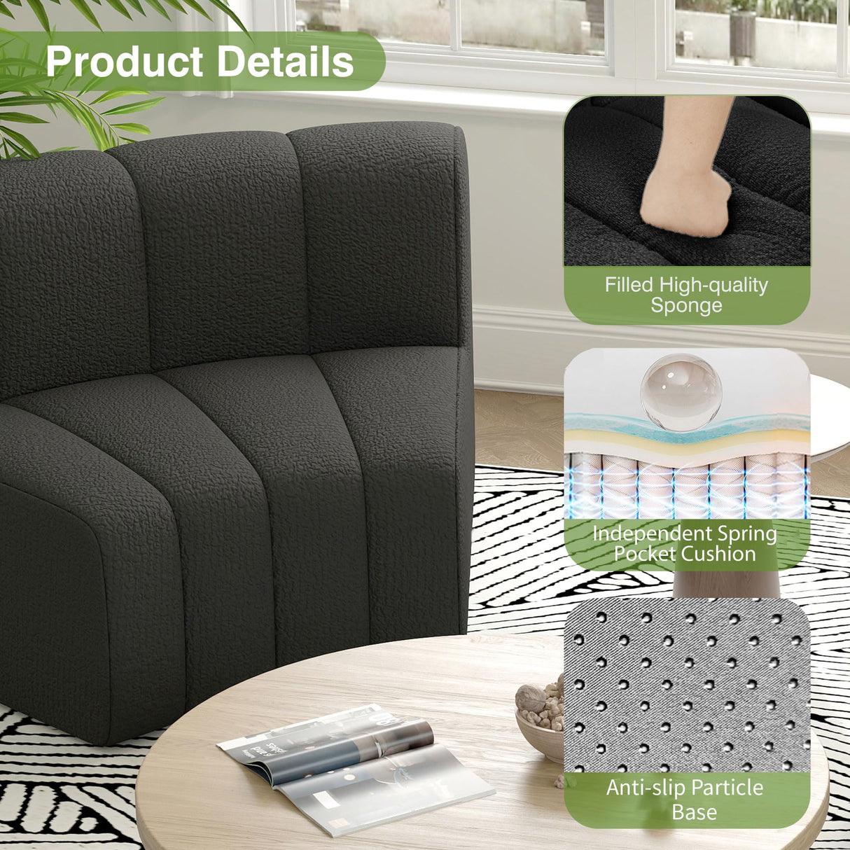 LEVNARY Modular Sectional Sofa, Convertible Sectional Couch Set, Large-Grain Velvet Modular Sectionals, Curved 4 Seater Cloud Sofa with Chaise for Living Room (Black) LEVNARY