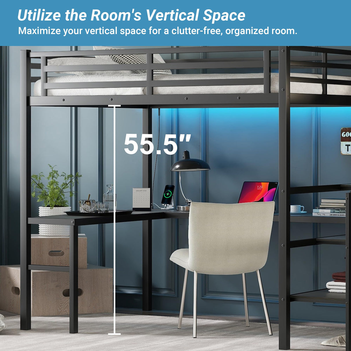 MAKIAAP Full Metal Loft Bed with Desk, Wardrobe & Storage Stairs – Heavy Duty Frame with LED Lights & Charging Station, Space-Saving Design for Adults & Teens (Black, Full) MAKIAAP