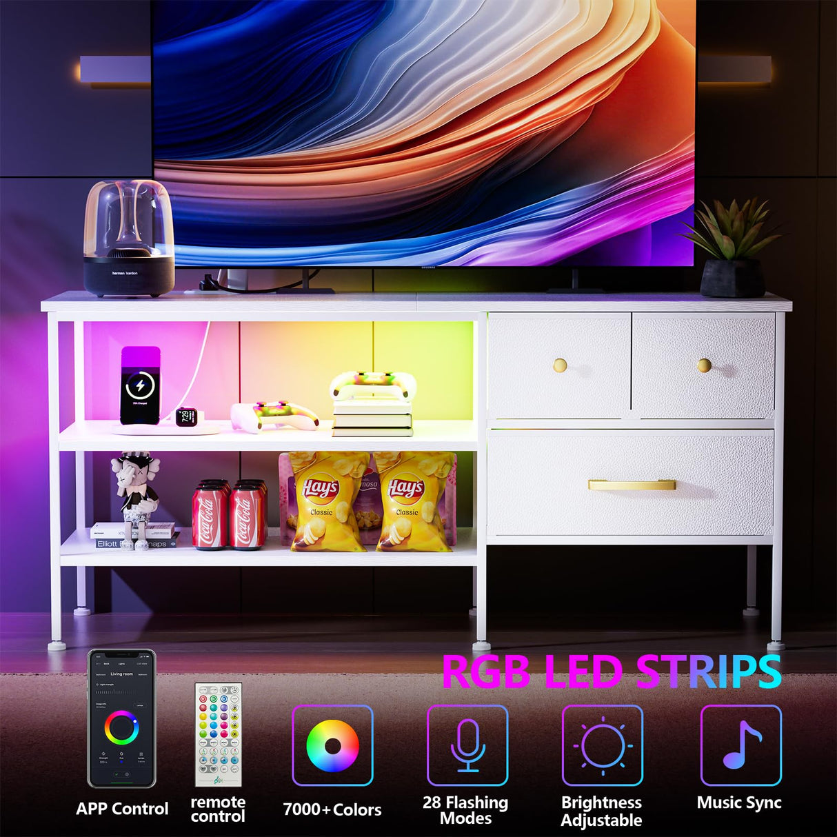 YILQQPER TV Stand with LED Lights & Power Outlet for 55 Inch TVs, Entertainment Center with 3 Storage Drawers and Shelves, TV Stands for Living Room and Bedroom, 50" TV Console, White YILQQPER
