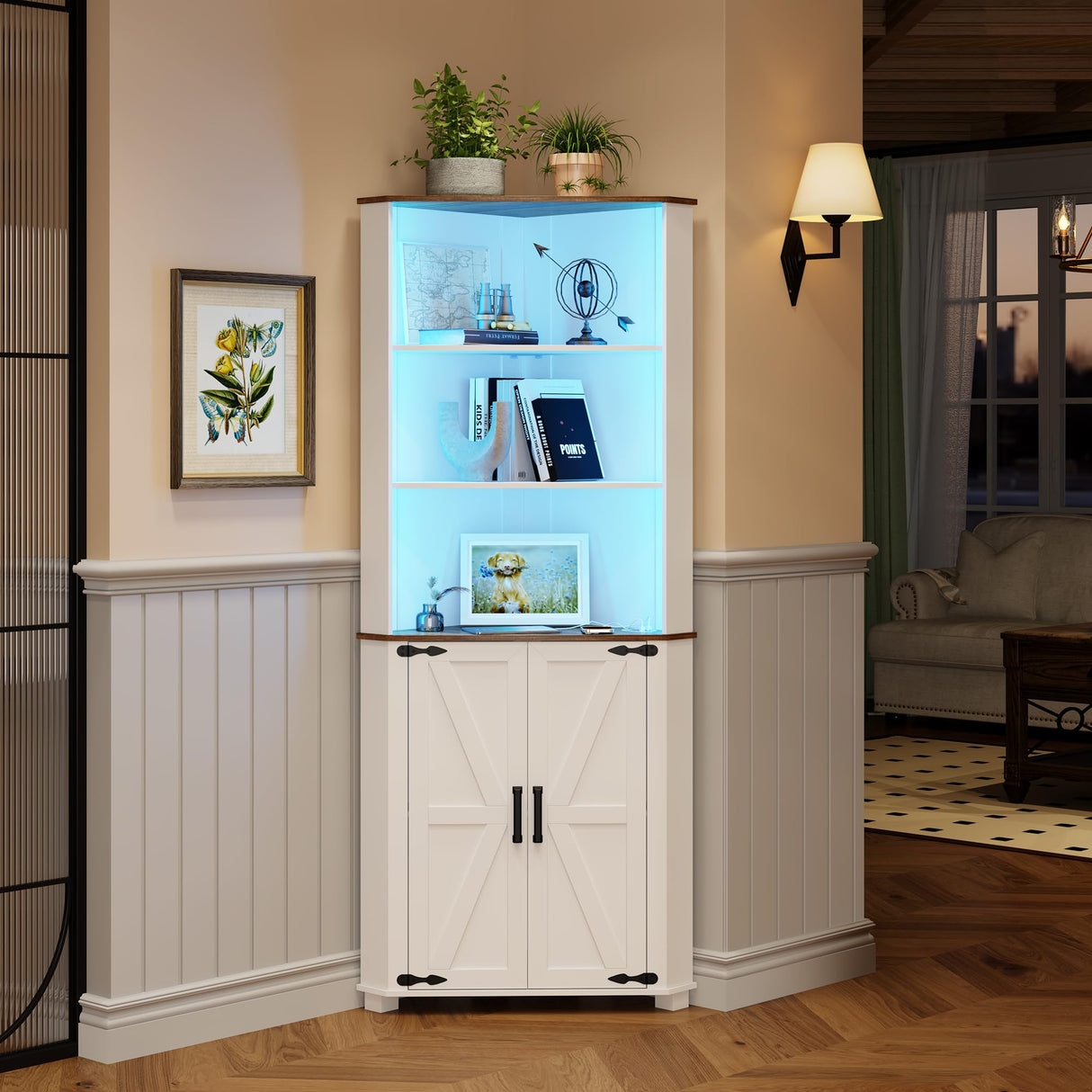 FREDEES Antique White Tall Corner Cabinet with LED Light - Rustic Farmhouse Storage Solution FREDEES