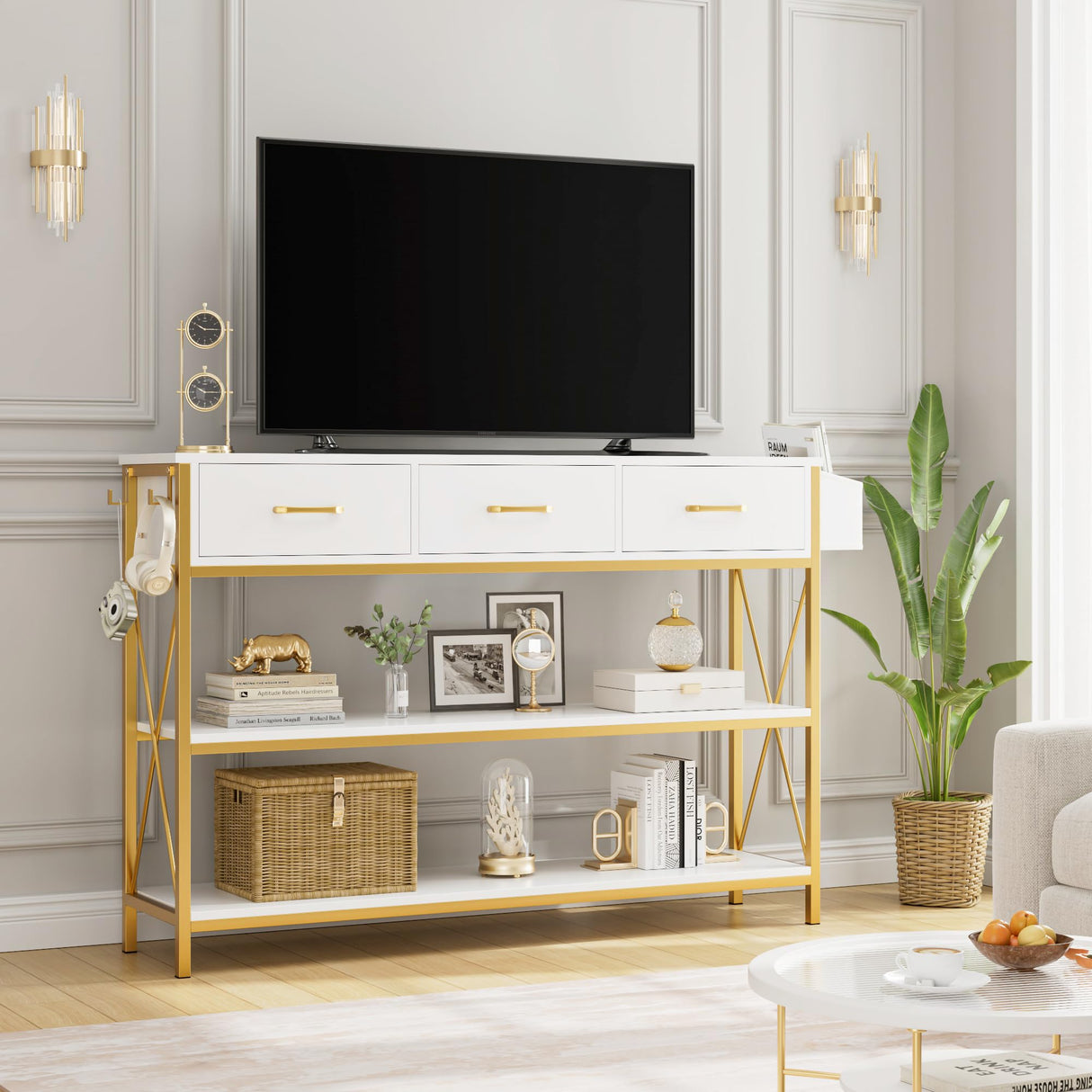 HITHOS Tall Bookshelf, Industrial Console Table with Drawers and Ladder Shelves, Free Standing Storage Cabinet Kitchen Bakers Rack with Microwave Oven Stand for Home Office, White Gold HITHOS