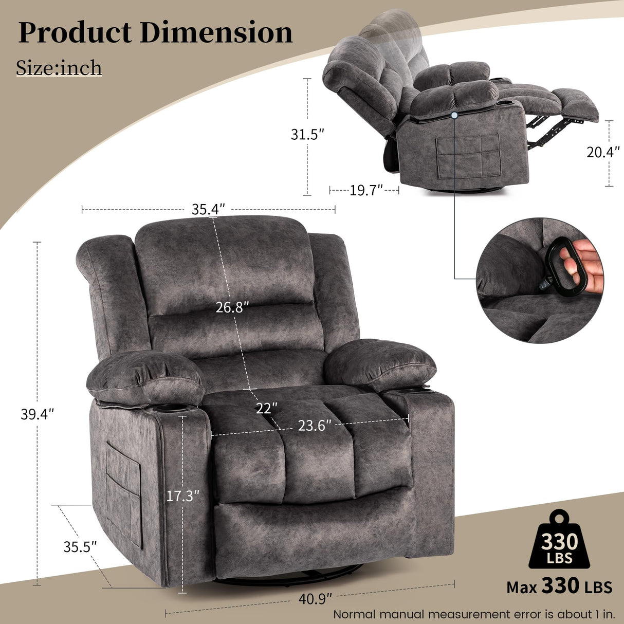 HOMYEDAMIC Recliner Chair Rocker Modern Ergonomic Lounge 360 Degree Swivel Single Sofa Seat Living Room Lounge Recliners on Clearance Foam Filling HOMYEDAMIC