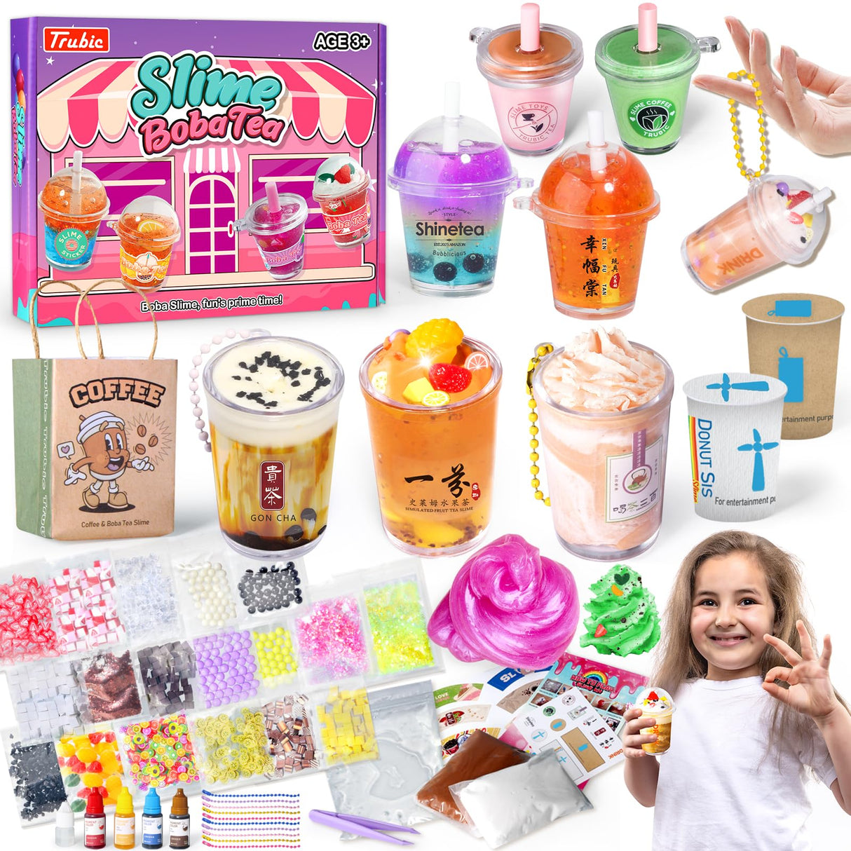 Trubic Miniature Cafe & Boba Tea Slime Making Kit for Girls Ages 8-12, 53PCS Mini Coffee & Bubble Tea Dessert Cup, DIY Pretend Play Food Set, Kitchen Toys, Birthday Party Gift for Kids 6 7 9 10 11 Trubic