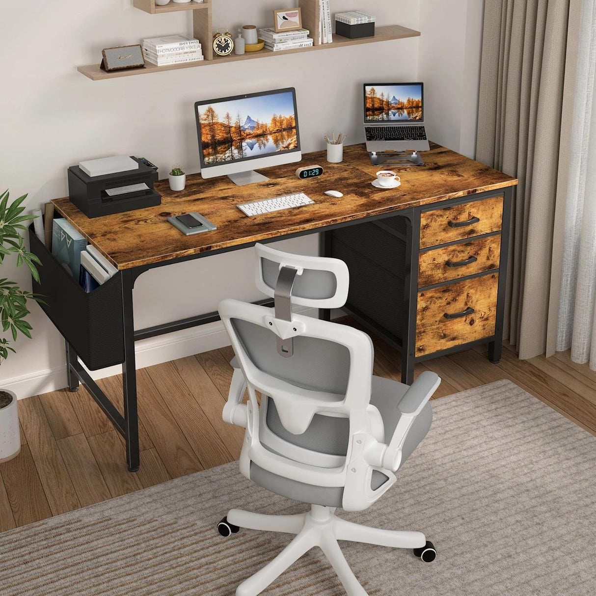 Lufeiya Computer Desk with Fabric File Drawers Cabinet, 55 Inch Home Office Desks with Filing Cabinet for Small Space, Study Writing Table PC Desks with Storage for Bedroom, Rustic Brown Lufeiya