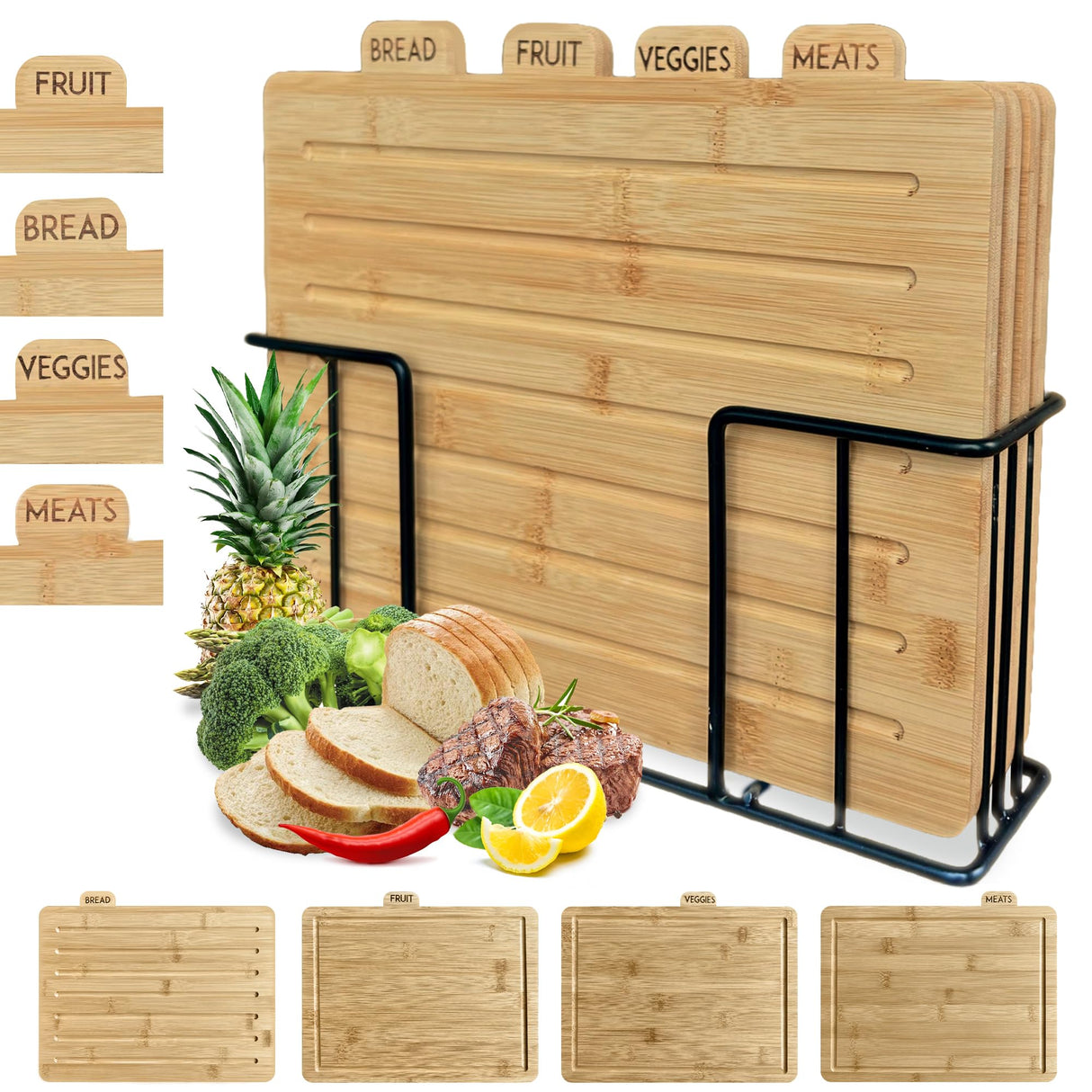 Modernlyst Bamboo Cutting Boards for Kitchen with Holder 13" x 11" x 2.5" | Labeled Wood Cutting Board Sets | Large Wooden Cutting Board Set of 4 with Black Organized Stand | Non Toxic Chopping Board Modernlyst