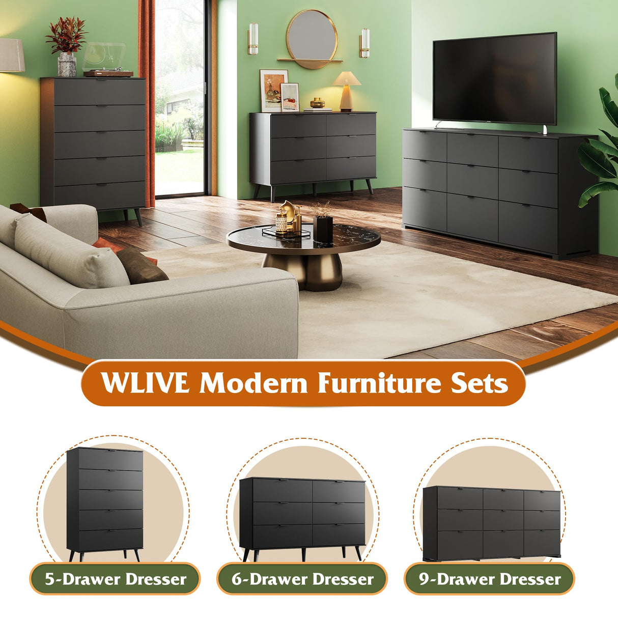 WLIVE Black Dresser for Bedroom, 47.24'' Wide 6 Drawer Wood Dresser Storage Organizer with Sturdy Metal Handle, TV Stand for 55 inch TV, Chest of Drawers for Living Room, Hallway, Closet WLIVE