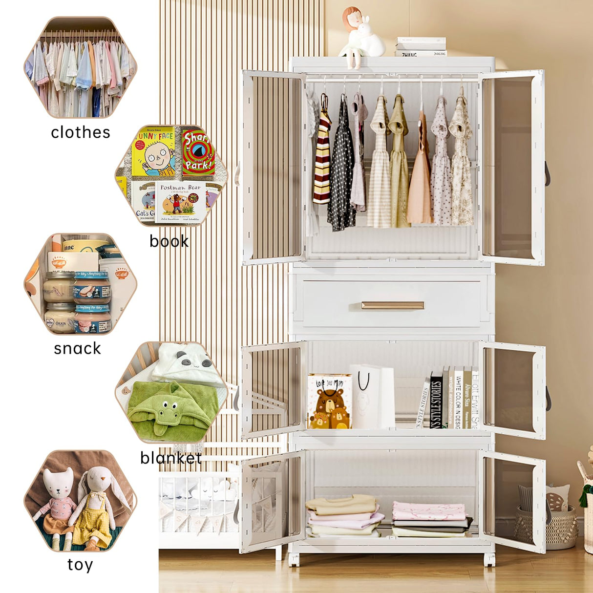 MU TU HD Large Portable Kids Closet Children's Armoire Adults Clothes Wardrobe Closet with Drawers and Doors, Collapsible Baby Costume Storage Organizer Kids Dress Up Storage Cabinet with Hanging MU TU HD
