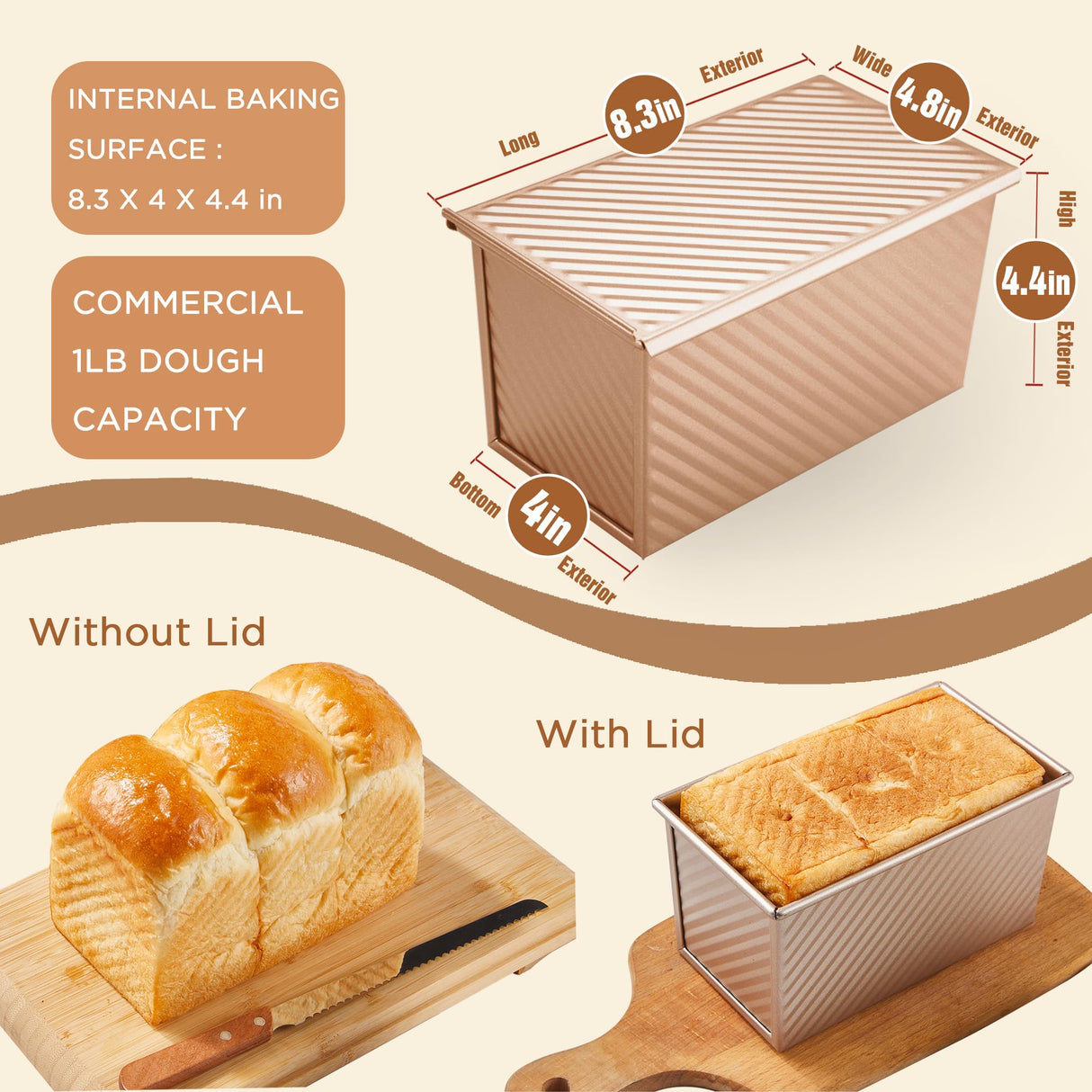KITESSENSU Pullman Loaf Pan with Lid, 1 lb Dough Capacity Non-Stick Bakeware for Baking Bread, Carbon Steel Corrugated Bread Toast Box Mold with Cover for Baking Bread, Gold KITESSENSU