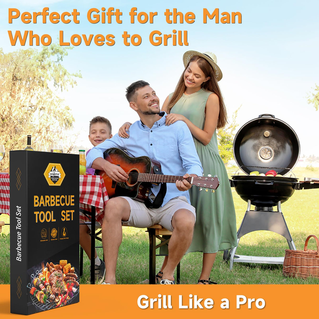 SHINESTAR Heavy Duty Grill Tools Set, Stainless Steel Grilling Accessories with Spatula, Tongs, Fork and Basting Brush, 4PCS, Ideal Grilling Gifts for Man SHINESTAR