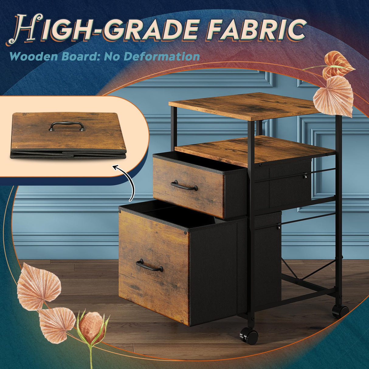 DEVAISE 2 Drawer Mobile File Cabinet, Rolling Printer Stand with Open Storage Shelf, Fabric Vertical Filing Cabinet fits A4 or Letter Size for Home Office, Rustic Brown Wood Grain Print DEVAISE