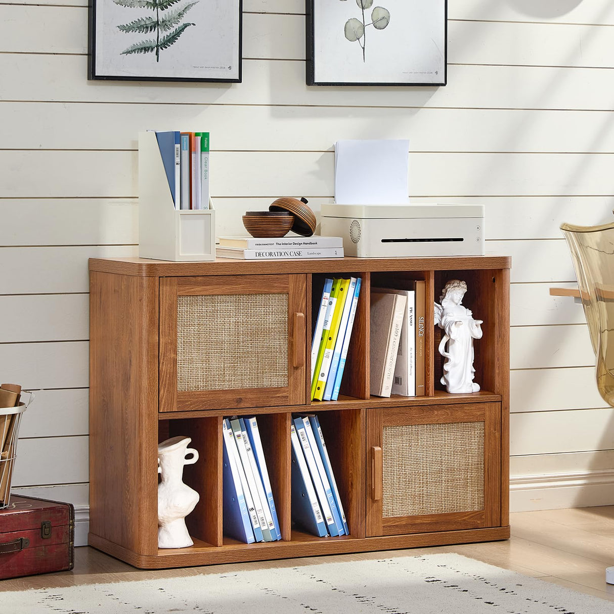 LEYAOYAO Large Record Player Stand with Vinyl Storage Up to 450 Albums, Wood Rattan Boho Record Storage Accent Cabinet, Modern Stereo Media Cabinets, Wide Turntable Stand for Living Room, Tea Brown LEYAOYAO