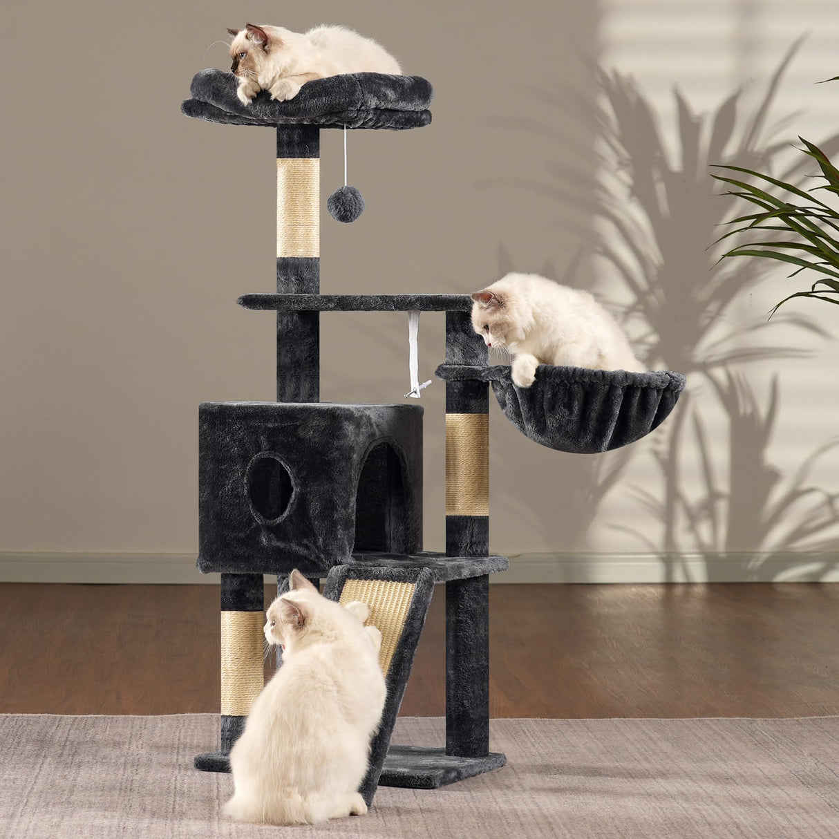 Hey-brother Cat Tree, 42.5-Inches Cat Tower for Indoor Cats, Plush Multi-Level Kitten Cat Condo with Scratching Post, Ramp, Basket, Spacious Cat Cave, Hanging Ball, Smoky Gray MPJ007SG Hey-brother