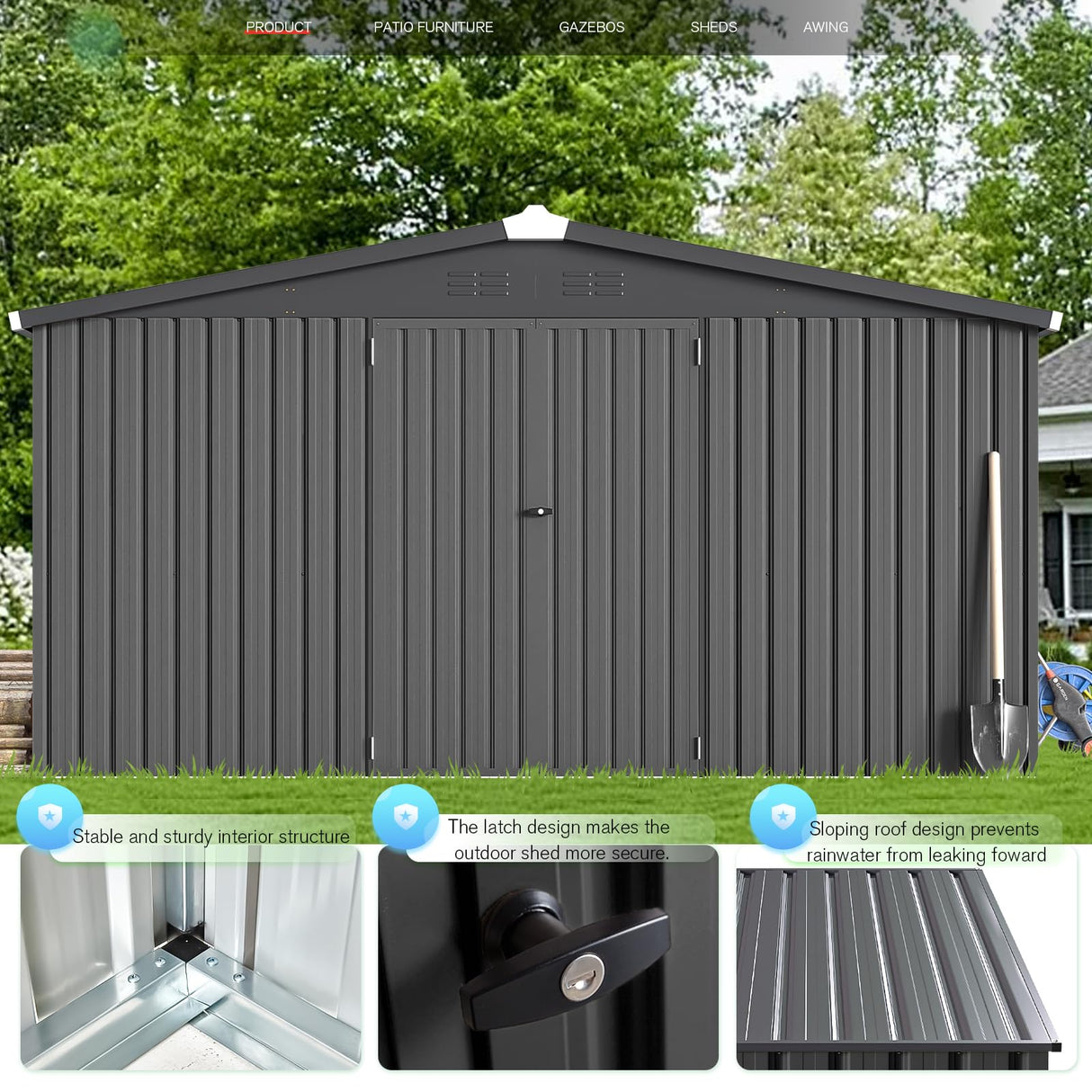 AECOJOY 12' x 12' Outdoor Storage Shed, Dark Grey Large Metal Sheds & Outdoor Storage Clearance Steel Yard Shed with Lockable Doors, Utility and Tool Storage Garden Shed for Backyard AECOJOY