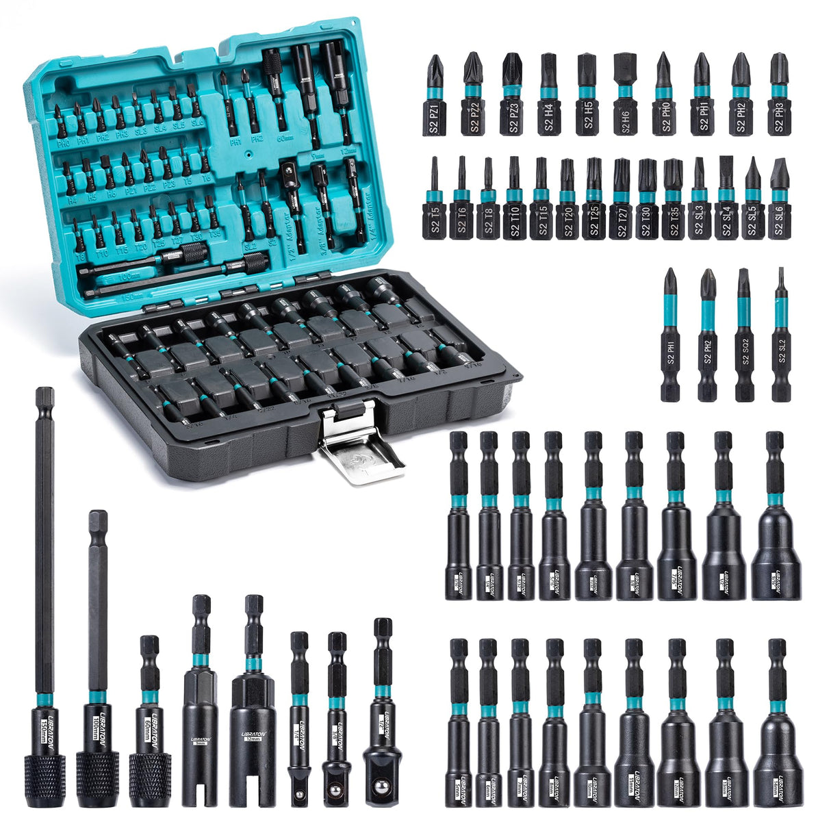 LIBRATON 54PCS Magnetic Nut Driver Set, Impact Drill Driver Bit 1/4", Metric & SAE Nut Driver for Impact Drill, Socket Adapters, Screwdriver Bits, Quick-Release Extension, Wing Nut Driver, Storage Box LIBRATON