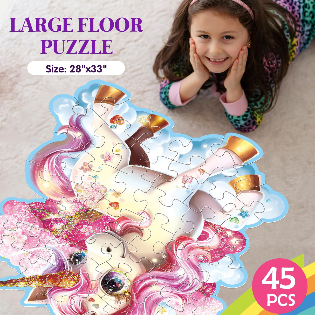 Jumbo Shimmery Floor Puzzle for Kids,Unicorn Jigsaw Large Puzzles,45 Piece Unicorn Puzzle for Toddler Ages 3-5,Children Learning Preschool Educational Toys,Birthday Gift for 4-8 Years Old IFLOVE