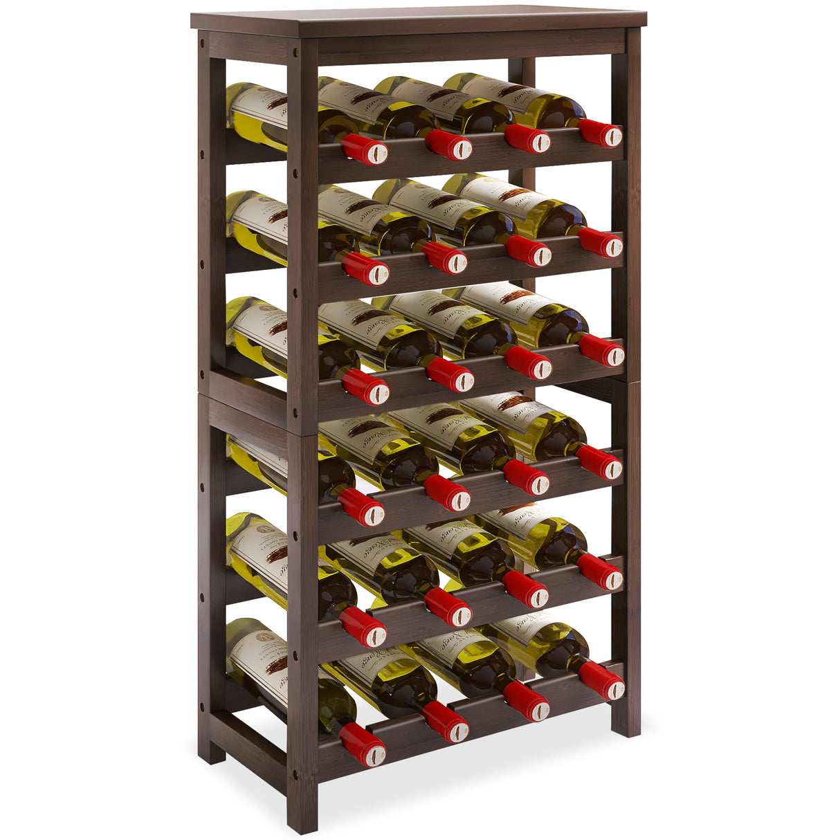 STELLSTAR 24-Bottle Wine Rack, 6 Tier Bamboo Wine Display Storage Shelves with Tabletop, Floor Freestanding Wine Bottle Holder with Wobble-Free Shelves, Walnut STELLSTAR