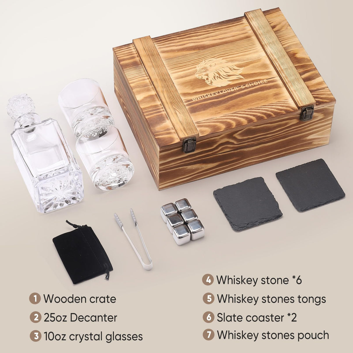 LUSKEYCOR Whiskey Decanter Set with Wooden Crate, Lion Whiskey Decanter 25.4 oz and 2 Glasses 10 oz with 304 Stainless Steel Whiskey Stones, Slate Coasters, Tongs, Gift for Men husband Dad Wedding Luskeycor