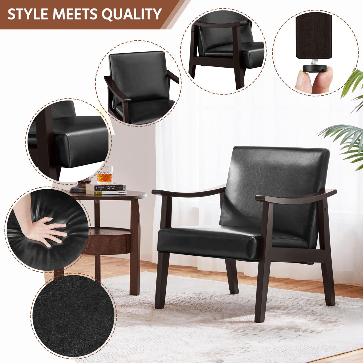 Yaheetech PU Leather Accent Chair, Mid-Century Modern Armchair with Solid Wood Legs, Reading Leisure Chair with High Back for Living Room Bedroom Waiting Room, 2 Pieces, Black Yaheetech