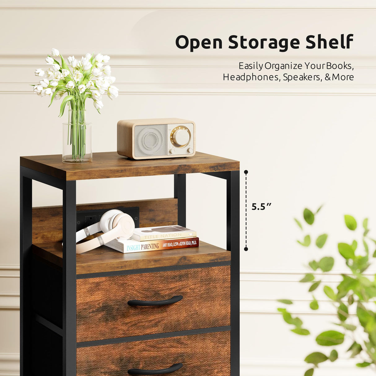 NightStand Bedside Charging Table Bedroom - Night Stand with Charger Station, Modern Nightstand with Open Shelf & 3 Fabric Drawers, Bed Side Table USB-C USB Ports & AC Outlets for Dorm Living Room Lazzanto