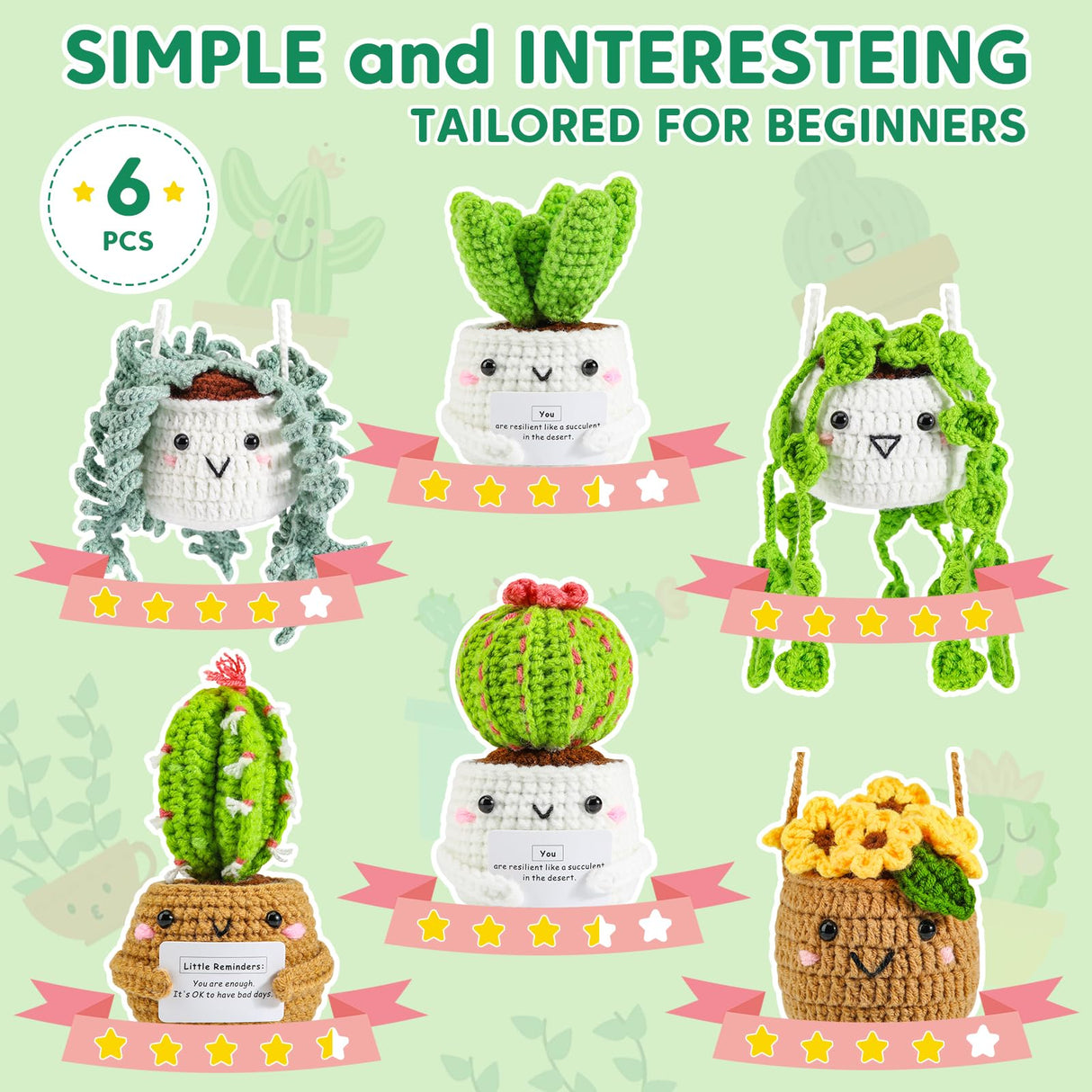 Imcrasy Crochet Kit for Beginners with Step by Step Video Lessons | 6 PC Potted Plants and Succulent Family Crochet Kit with Accessories (40%+ Yarn) Imcrasy