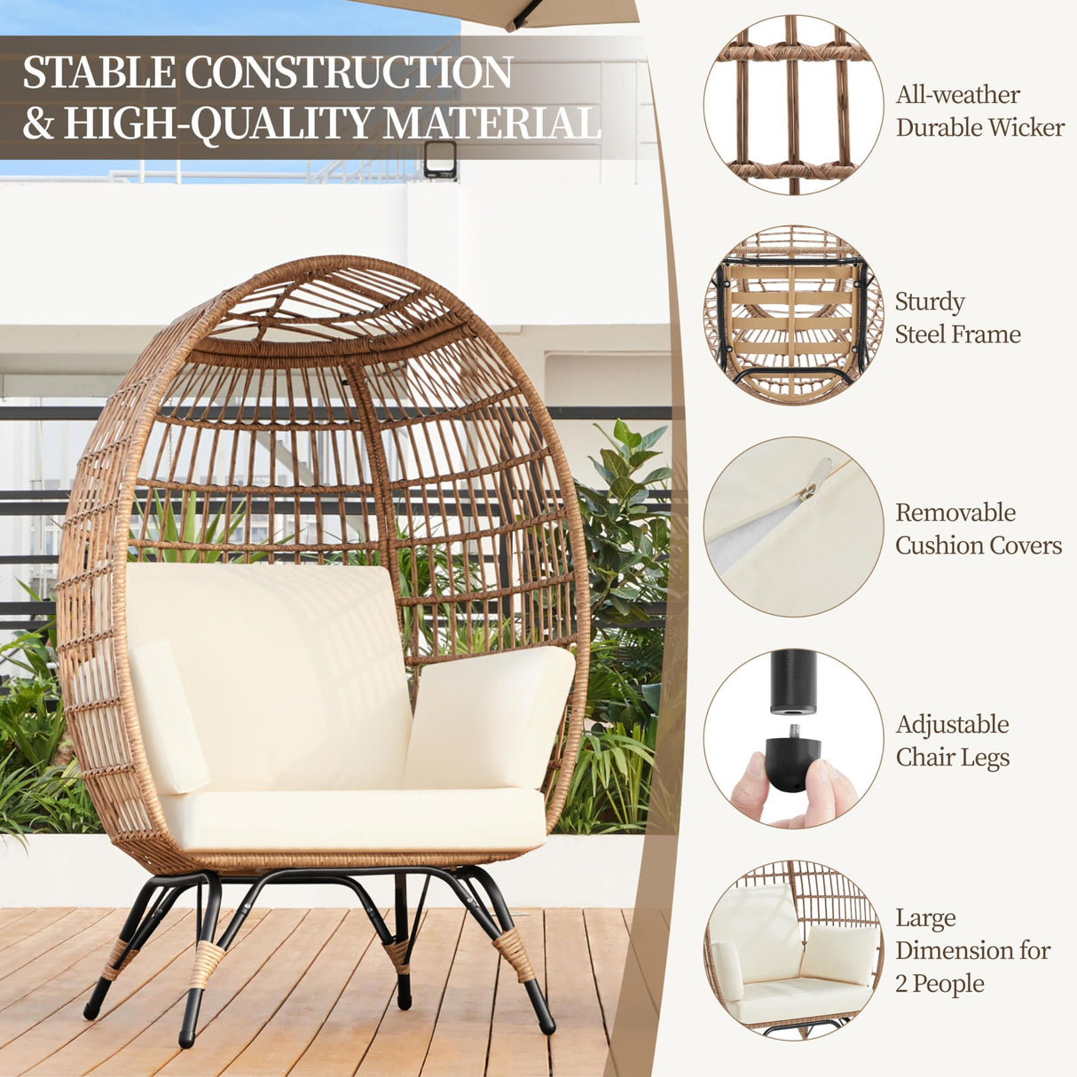 Yaheetech Egg Rattan Chair, Indoor/Outdoor PE Rattan Egg Basket Lounge Chair w/ 4 Cushions, Oversized Egg-Shaped Chair w/Metal Frame Stand for Patio, Backyard, Living Room - Light Brown/Ivory Yaheetech