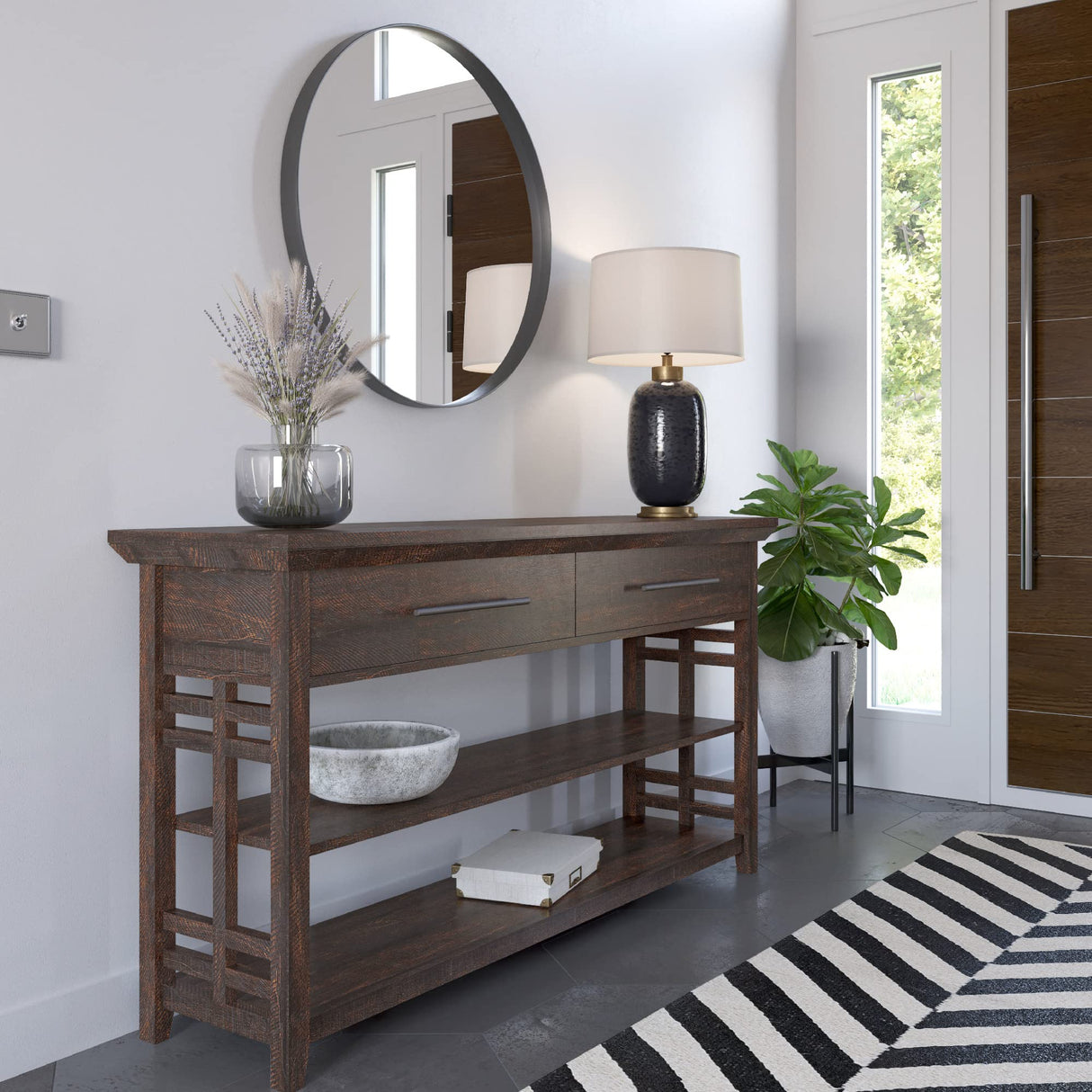 BELLEZE 3 Tier Console Table with Two Storage Shelves & Drawers, Wood Accent Sofa Table for Entryway Living Room Hallway - 55 Inch - Norrell (Espresso) BELLEZE