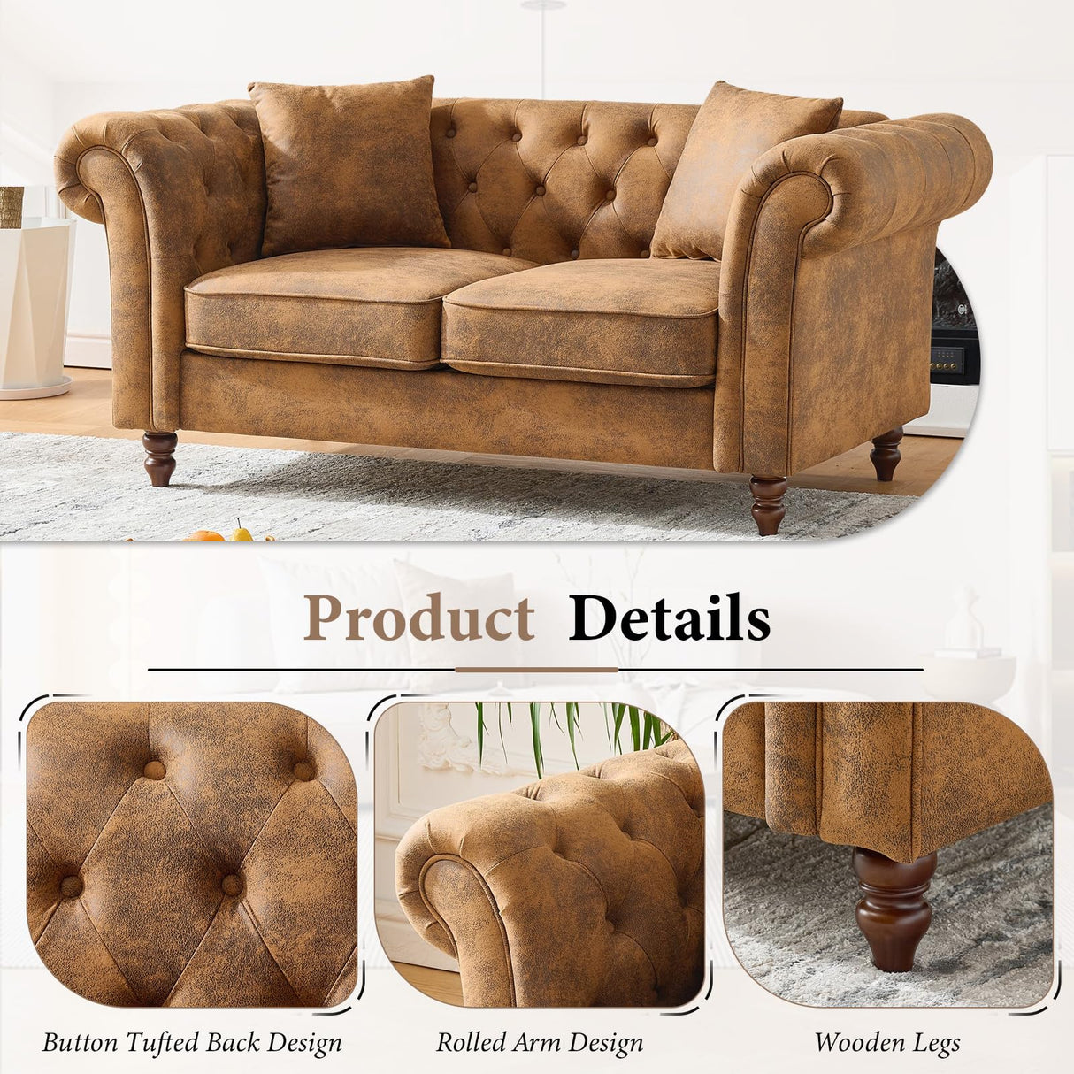 66" Chesterfield Tech Fabric Loveseat Sofa, High-Tech Fabric Upholstered Rolled Arm Couch, Tufted Mid Century Modern 2-Seater Sofa for Living Room, Office, Small Apartment,Brown TTK