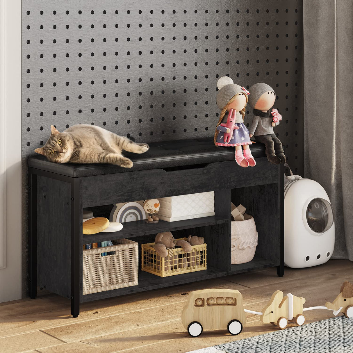 astimey Shoe Bench, Lift Top Shoe Storage Bench, Adjustable Shelf Entryway Bench, Metal and Wood Shoe Rack Organizer with Cushion for Entry, Bedroom, Closet, Living Room, Hallway, Black 39.5W astimey