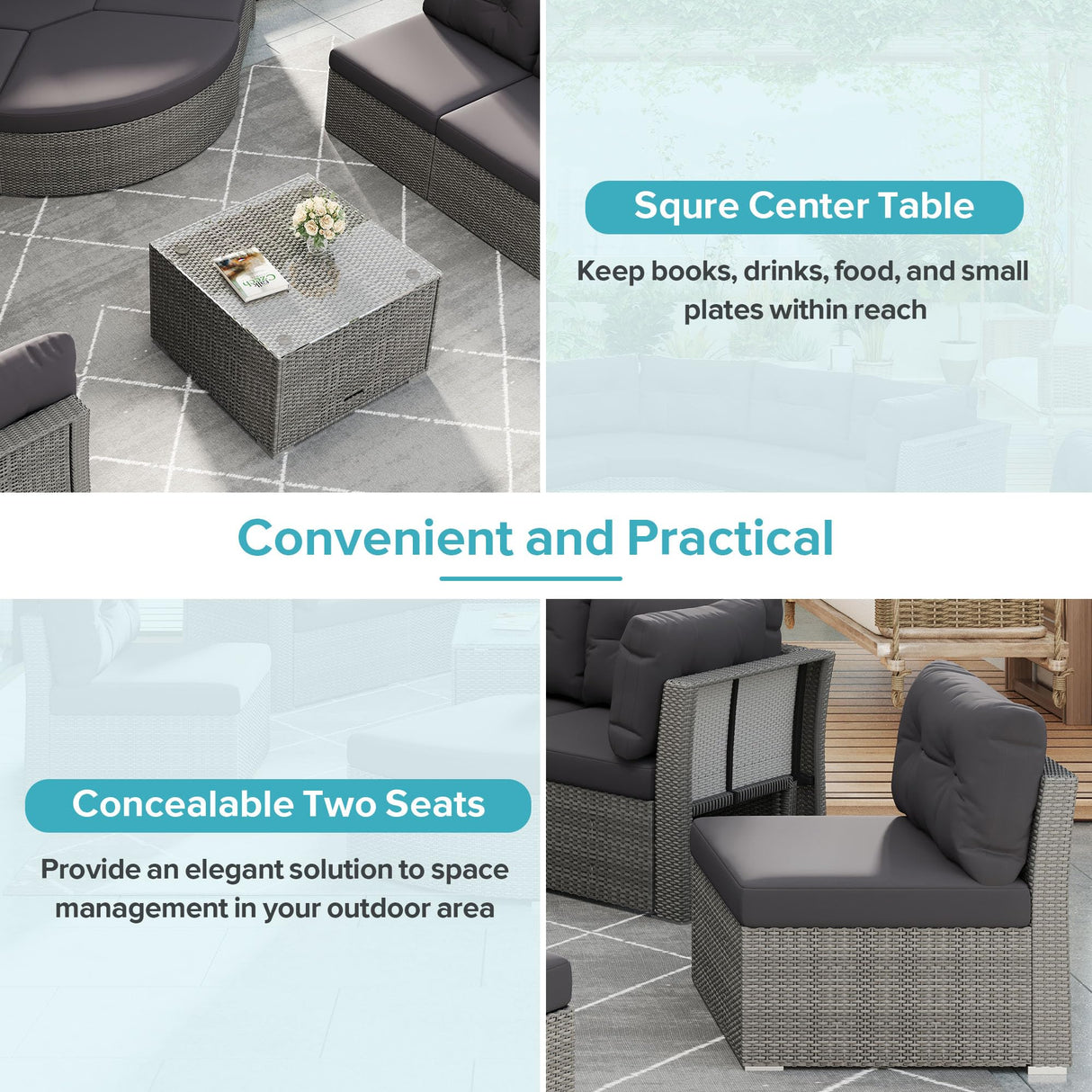 NCKMYB Half Moon Patio Furniture Set 9 Pieces - Outdoor Modular Couch Rattan Daybed Sectional with Tempered Glass Table, Weather-Resistant Iron Frame & Cushions - Grey NCKMYB