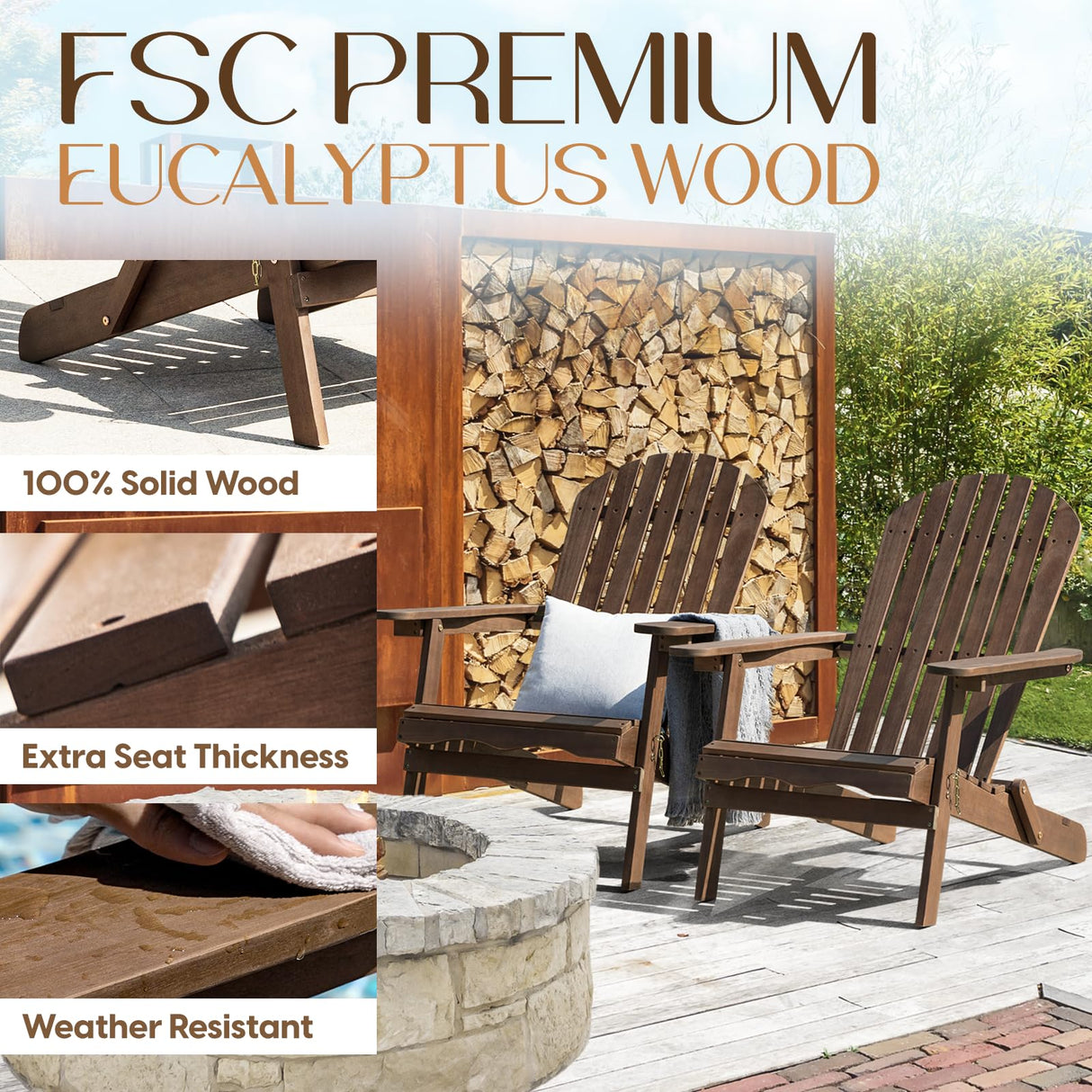 IDZO Set of 2 Outdoor Wooden Folding Adirondack Pre-Assembled BackRest, Wood Patio Chair for Garden Backyard Porch Pool Deck Firepit IDZO