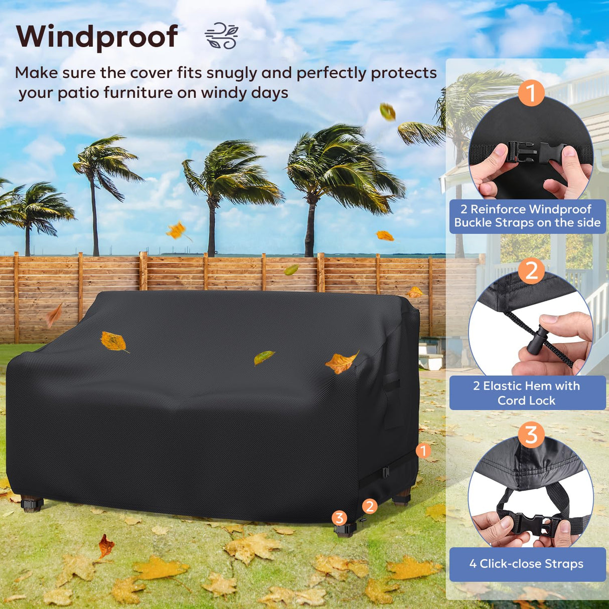 Outdoor Furniture Covers Waterproof, Gorpche 3-seater Outdoor Sofa Cover, Heavy Duty Lawn Patio Furniture Covers with Upgrade Fastener Windproof Buckle Straps, Outdoor Couch Cover - 60"W x 34"D x 30"H Gorpche