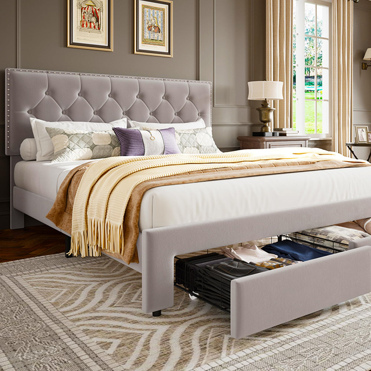 GarveeHome Upholstered Full Size Bed Frame with 2 Storage Drawers, Velvet Platform Bed Frame with Button Tufted Rivets Headboard, Heavy Duty, No Box Spring Needed, Easy Assembly, Beige GarveeHome