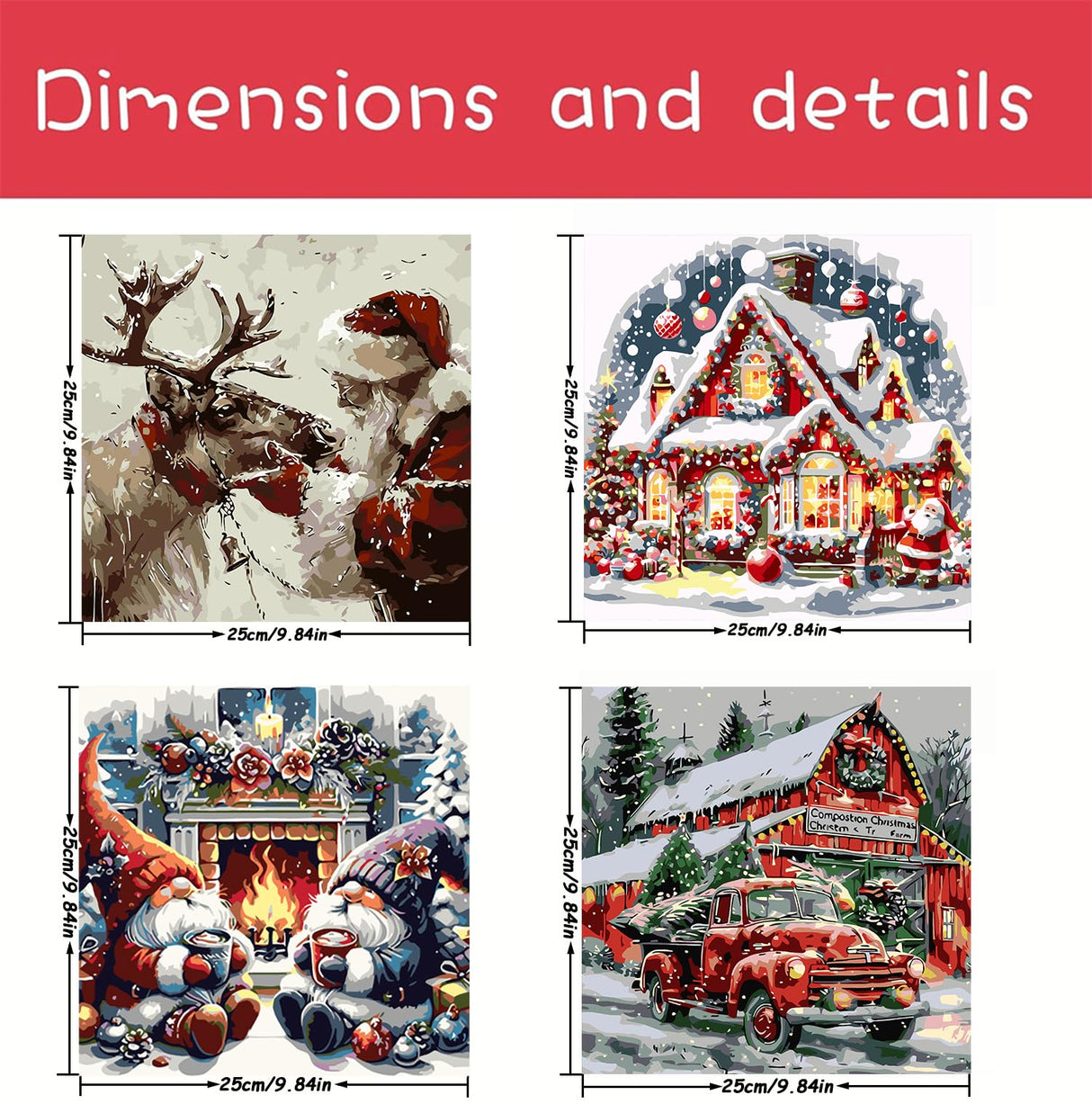 4 Pack Christmas Gnome Paint by Numbers Kit for Adults Beginner,Winter House Elk Easy Painting by Numbers Kits,DIY Truck Oil Painting with Acrylic Paint(with Frame), Home Wall Decor 9.84 x 9.84 in CZYWJMEI