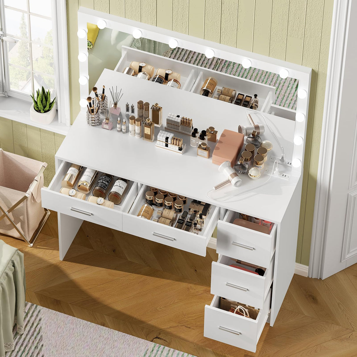 usikey 47.2" Large Vanity Desk with Lighted Mirror, 14 Lights, Makeup Vanity Table with 5 Large Drawers & Charging Station, Makeup Vanity Desk, Vanity Table Set for Bedroom, White usikey