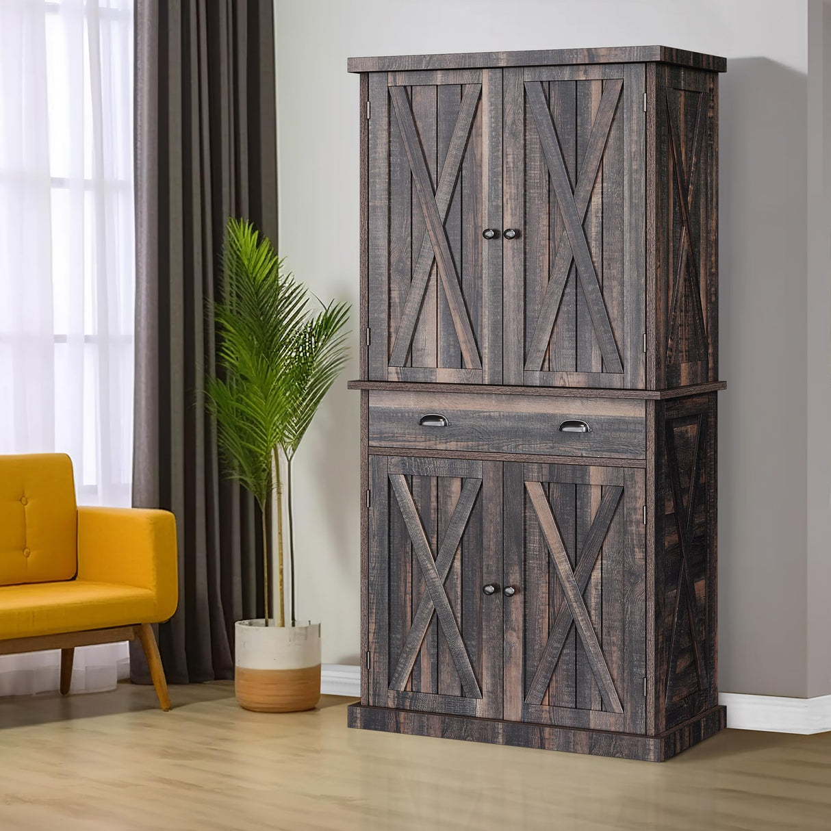 YITAHOME 72'' Farmhouse Kitchen Pantry, Wood Kitchen Storage Cabinets with Drawer and Adjustable Shelves, Kitchen Versatile Storage for Kitchen, Dining Room, Living Room, Dark Rustic Oak YITAHOME