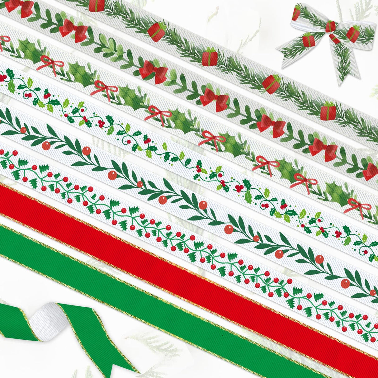 YKW Christmas Ribbon Set - 8 Festive Patterns, 24 Yards Total - 3/8" Wide Holiday Ribbon for Gift Wrapping, Tree Decorations, Crafts -Threaded Ribbon for Xmas Decor, DIY Projects YKW
