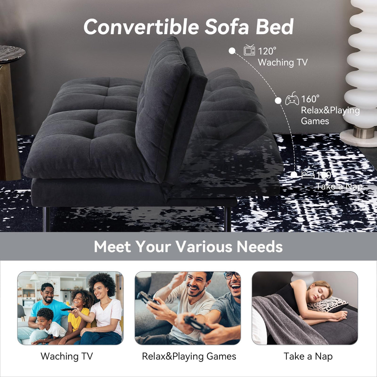 Hcore Polyester Memory Foam Convertible Futon Sofa Bed, Small Splitback Loveseat, 68" L x 32.3" W x 30.7" H, Black Hcore